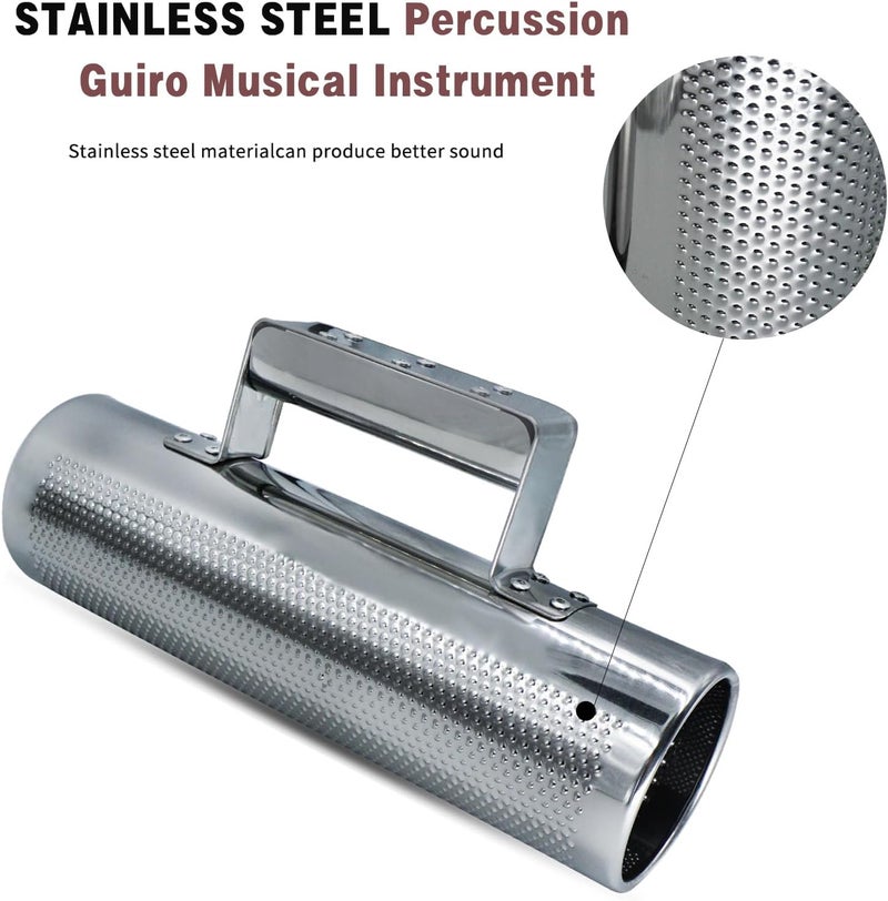 BIGBILLION Guiro Stainless Steel Guiro Percussion Instrument 10" 3" Guiro Shaker with Scraper Professional Band Accompaniment Sand Hammer Musical Training Tool - Image 2